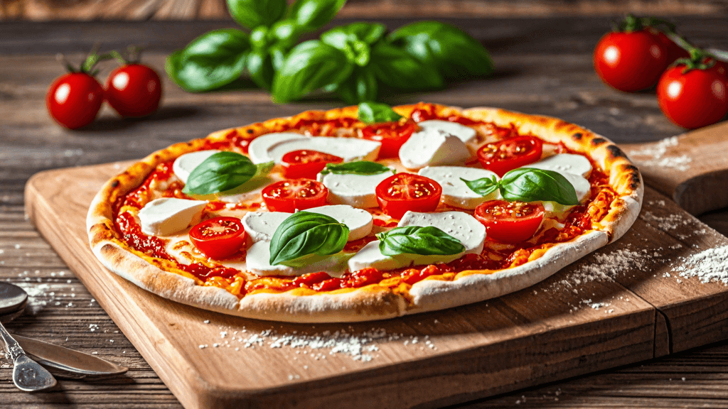 _A freshly baked sourdough pizza with a crispy crust topped with vibrant ingredients like fresh basi... (1)
