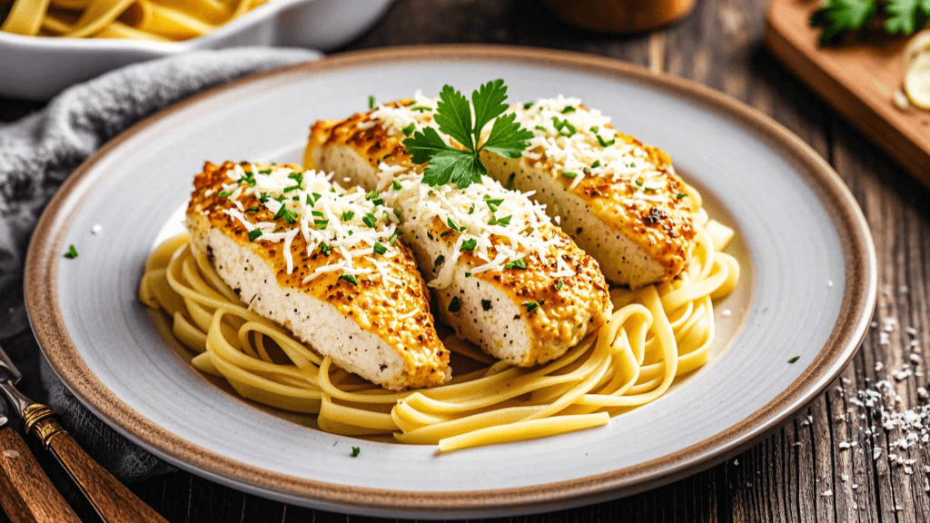 A plated dish of creamy garlic Parmesan chicken, garnished with fresh parsley, served on a rustic wo... (1)