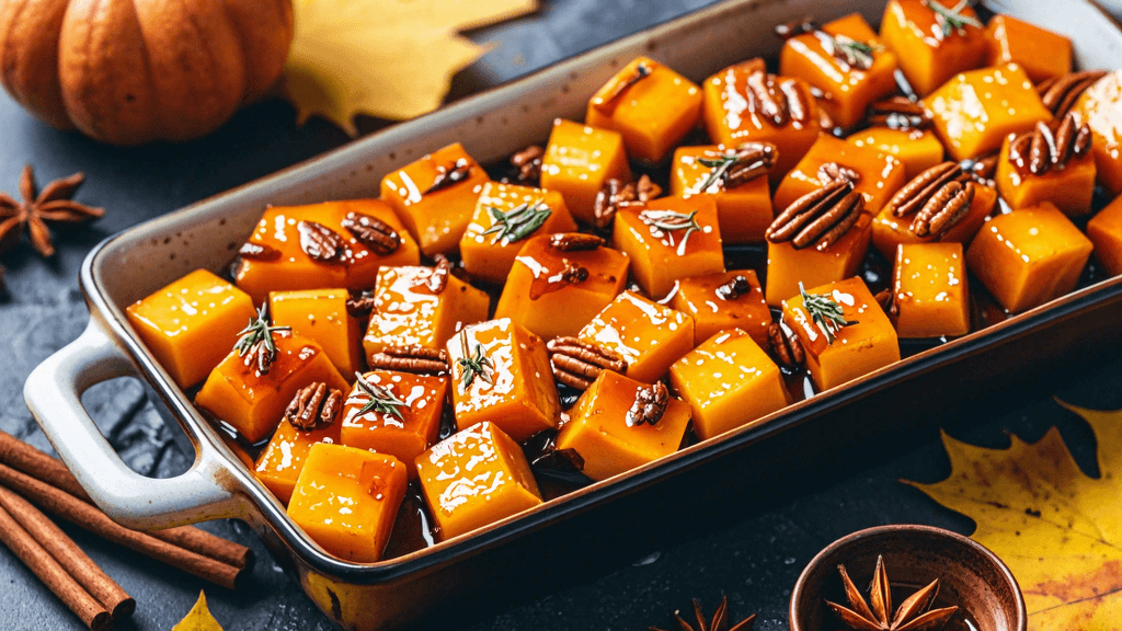 A serving dish of roasted butternut squash cubes, caramelized and glistening with maple syrup, sprin... (1)