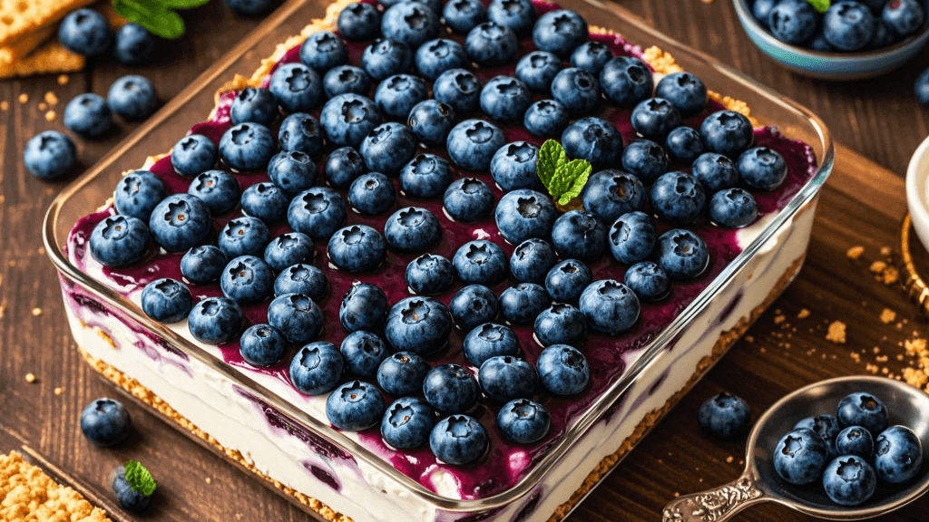 A beautifully layered Blueberry Delight dessert in a 9x13-inch dish, with a golden graham cracker cr...